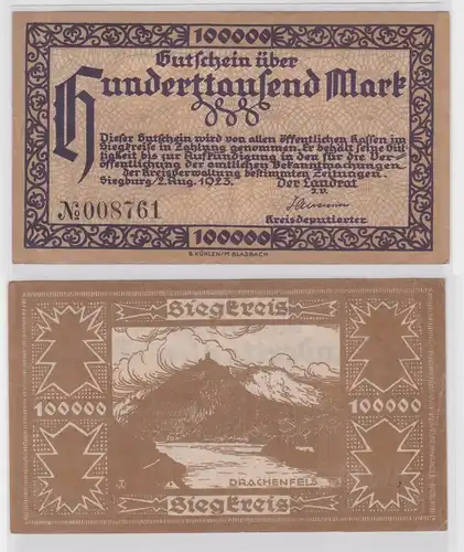 100000 Mark Banknote Stadt Siegburg 2.8.1923 (137682)