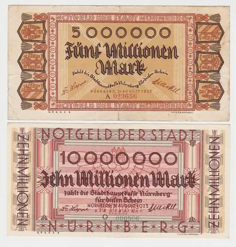5 & 10 Millionen Mark Banknoten Inflation Stadt Nürnberg 1923 (152632)