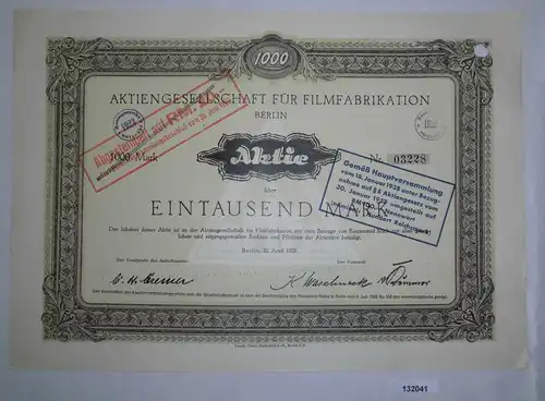 1000 Mark Aktie AG für Filmfabrikation Berlin 20. April 1921 (132041)