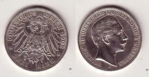 3 Mark Silbermünze Preussen Kaiser Wilhelm II 1909 Jäger 103  (115677)