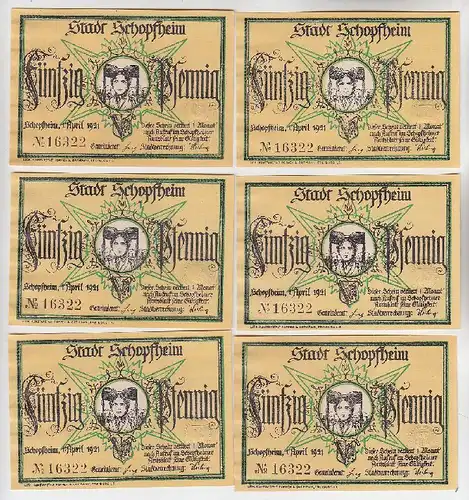 6 Banknoten Notgeld Stadt Schopfheim Gründruck 1921 (112741)