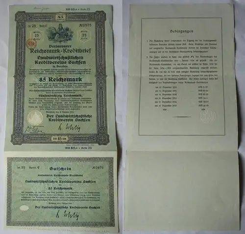 85 Reichsmark Kreditbrief Landwirtschaftlicher Kreditverein Sachsen 1930 /157121