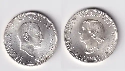 2 Kroner Silber Münze Dänemark 18. Geburtstag Margarethe II. 1958 (163221)