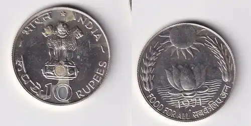 10 Rupien Silber Münze Indien F.A.O. - Schwimmende Lotusblume 1971 (16291)