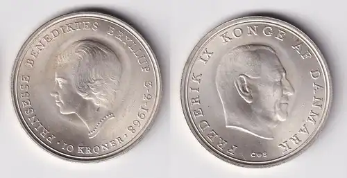 10 Kroner Silber Münze Dänemark Hochzeit von Prinzessin Benedikte 1968 (162201)