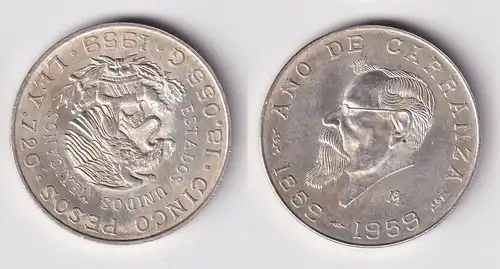 5 Pesos Silber Münze Mexiko Ano de Carranza 1959 (162302)