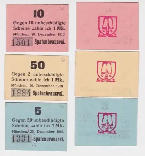 5, 10, 50 Pfennig Banknoten Notgeld München Spatenbrauerei 20.12.1916 (152270)