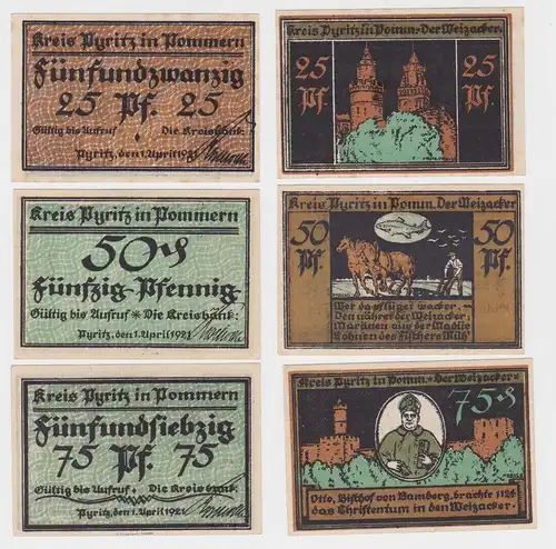 25,50 & 75 Pfennig Banknoten Notgeld Kreis Pyritz in Pommern 1921 (161398)