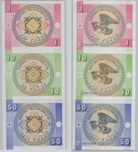 1, 10 und 50 Tyiyn Banknote Kirgistan 1993 bankfrisch UNC (153536)