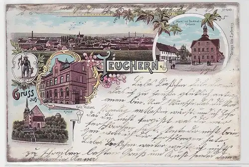 84540 Ak Lithographie Gruß aus Teuchern Postamt, Kirche usw. 1899