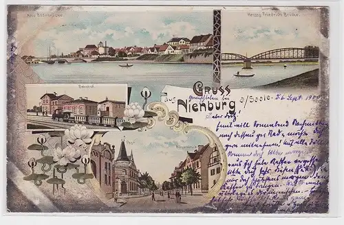 50480 Ak Lithographie Gruß aus Nienburg a.S. Post, Bahnhof usw. 1900