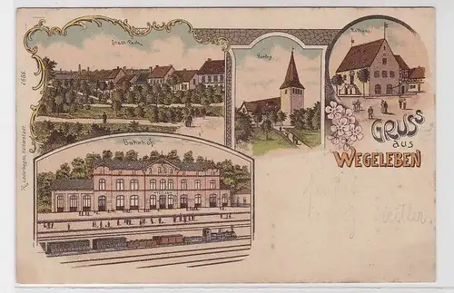 75285 Ak Lithographie Gruß aus Wegeleben Bahnhof usw. 1900