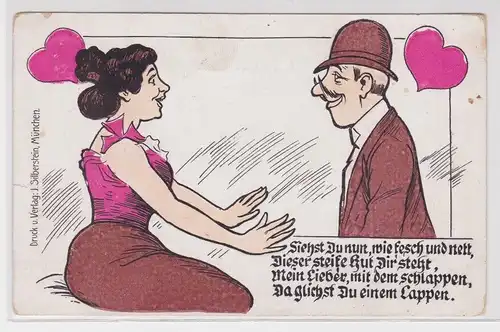 900779 Humor Ak verliebtes Paar und Reim über Hut um 1900