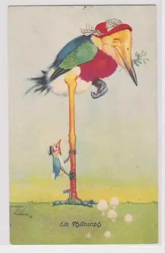 900261 Humor Ak "Ein Philosoph" Storchenvogel um 1930