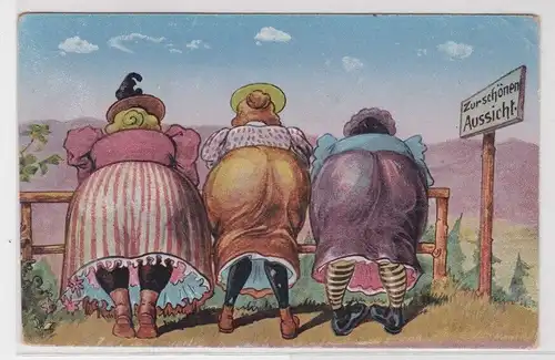 63003 Humor Ak "Zur schönen Aussicht" 3 Damen in den Bergen um 1910