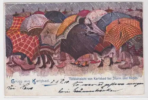 96836 AK Gruss aus Karlsbad Totalansicht bei Sturm und Regen 1900