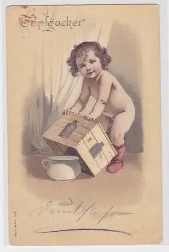 96731 Humor Präge Ak "Topfgucker" Kleinkind schaut nach Töpfchen 1909