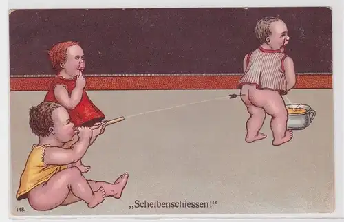 96857 Humor Ak "Scheibenschiessen" Kind auf Töpfchen um 1910