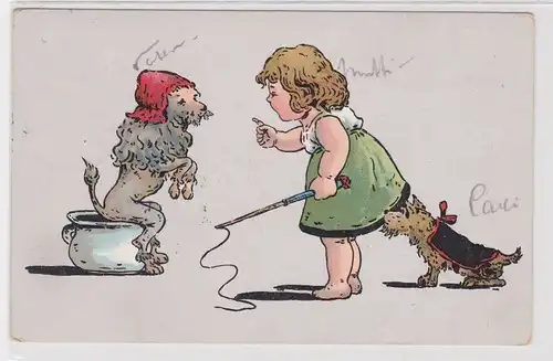 86004 Humor Ak Kind erzieht Hund zum Töpfchen gehen um 1910