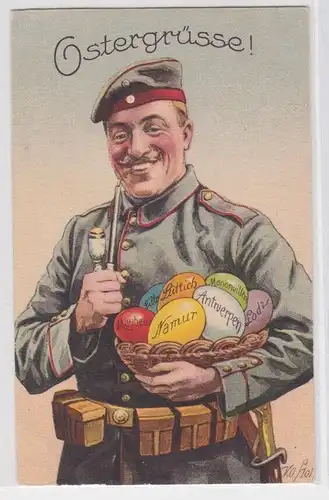 92783 Militär Humor Ak Ostergrüsse Soldat mit Pfeife und Eierkorb 1915