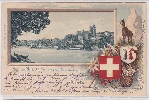 902866 Wappen Passepartout AK Gruss aus Basel - Pfalz mit Wettsteinbrücke 1901
