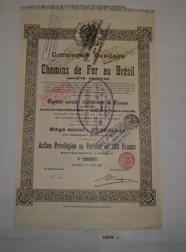 500 Franc Aktie Compagnie Auxiliaire Chemins de Ferr au Bresil 1937 (128206)