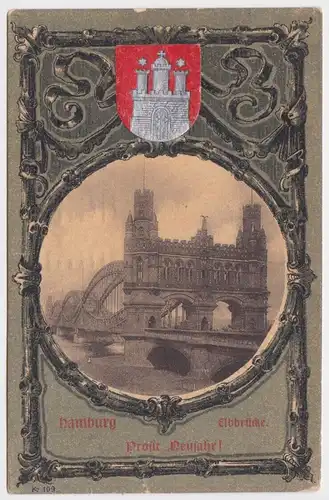 99502 Wappen Ak Hamburg Elbbrücke Prosit Neujahr! 1910