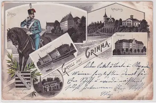 903118 Ak Lithographie Gruß aus Grimma Husar zu Pferde und Stadtansichten 1898