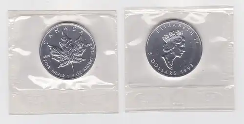 5 Dollar Silber Münze Canada Kanada Maple Leaf 1993 OVP (164397)