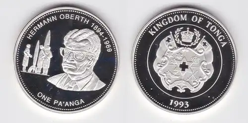 1 Pa´anga Silber Münze Tonga Hermann Oberth 1894-1989, 1993 PP (164376)