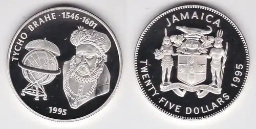 25 Dollar Silber Münze Jamaika Jamaica Tycho Brahe 1546-1601, 1995 PP (164323)
