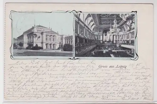 903611 Ak Gruß aus Leipzig Opernhaus Aussen und Innenansicht 1905