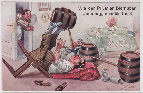 901900 Humor AK Wie der Privatier Bierhuber Zimmergynmastik treibt 1919
