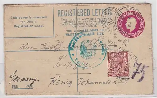 93450 Einschreiben Brief Ganzsache London - Leipzig Paddington Bahnpost 1922