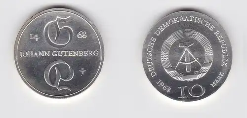 DDR Gedenk Silber Münze 10 Mark Johann Gutenberg 1968 Stempelglanz (125823)