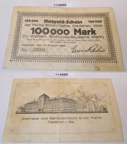 100000 Mark Banknote Inflation Oederan Firma Erwin Kabis 10.8.1923 (114990)