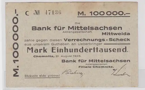 100000 Mark Banknote Bank für Mittelsachsen Mittweida 21.8.1923 (127236)