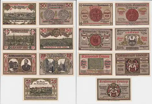 3 x 50, 4 x 75 Pfennig Banknoten Notgeld Stadt Lennep 15.7.1921 OVP (133434)