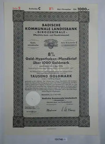 1000 Reichsmark Aktie badische kommunale Landesbank Mannheim 1.Mai 1930 (131746)