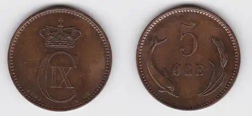 5 Öre Kupfer Münze Dänemark Delphin 1891 (133214)