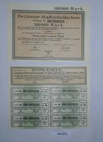 100000 Mark Zwickauer Stadtschuldschein 14.August 1923 + Zinsleiste (131127)