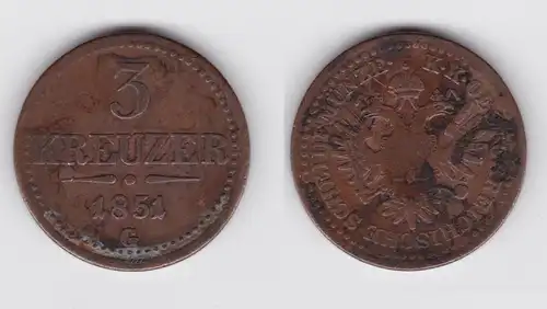 3 Kreuzer Kupfer Münze RDR Habsburg Österreich 1851 G ss (127132)