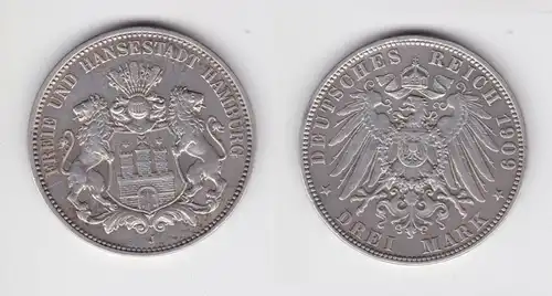 3 Mark Silbermünze Freie und Hansestadt Hamburg 1909 Jäger 64 ss+ (151259)