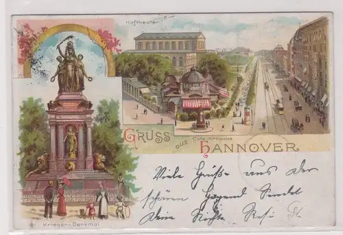 38306 Lithographie Ak Gruss aus Hannover - Denkmal, Café Kröpcke, Hoftheater 189