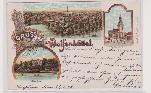 21289 Lithographie AK Gruss a. Wolfenbüttel - Kaffee-Haus, Kirche, Panorama 1898