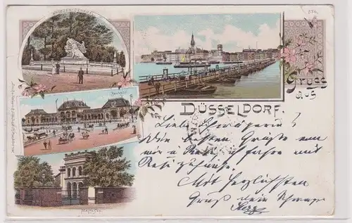 35652 Lithographie Ak Gruss aus Düsseldorf - Malkasten, Bahnhof, Denkmal 1898