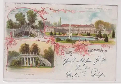 67247 Ak Lithographie Gruß aus Hannover Herrenhausen, Cascade usw. 1898