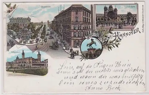 69035 Ak Lithographie Gruß aus Hannover Georgstraße, Sachsenross usw. 1898