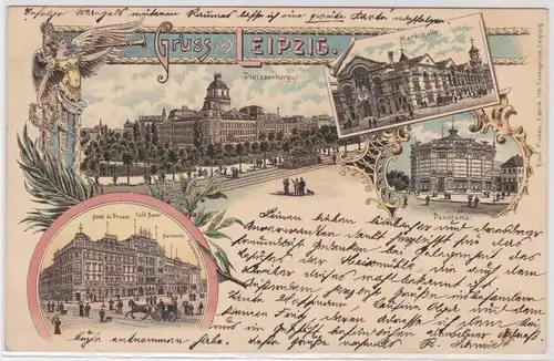 69432 Ak Lithographie Gruß aus Leipzig Markthalle, Panorama usw. 1898