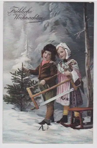 904097 Fröhliche Weihnachten Ak 2 Kinder haben Weihnachtsbaum gesägt um 1910